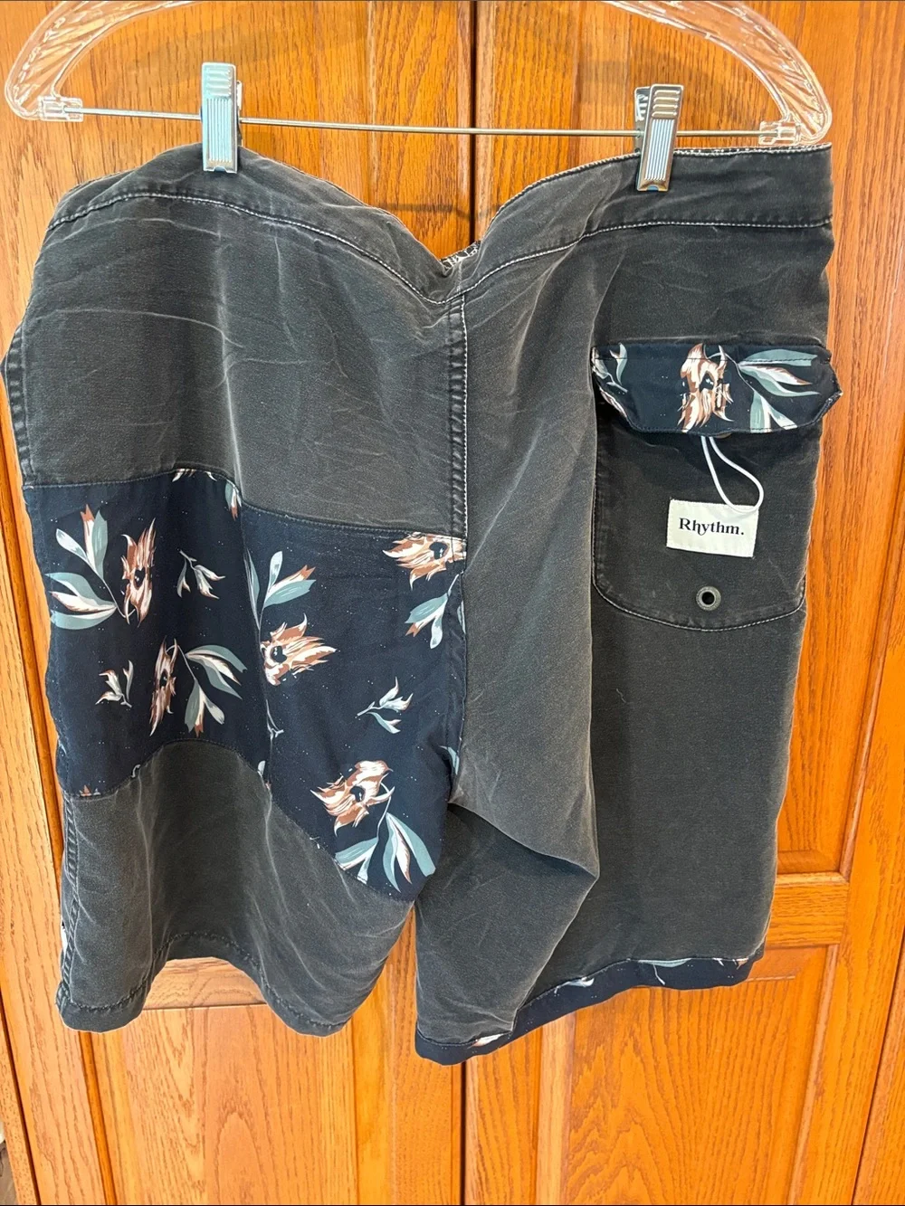 Rhythm Men's Black Floral Patch Swim Trunks- 36